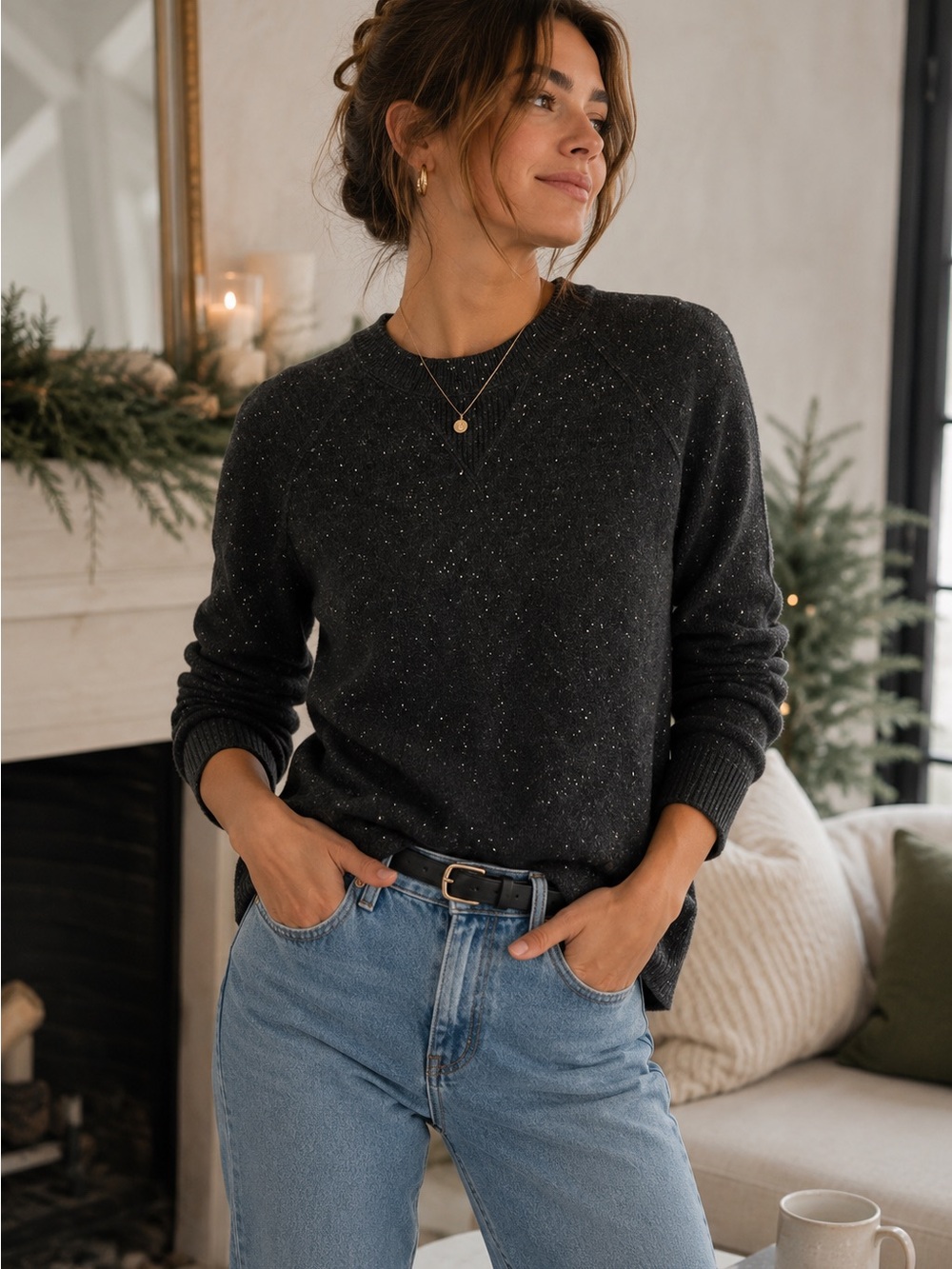 Everlane 100% Cashmere Donegal Fleck Crewneck Sweater XS Black